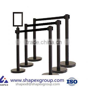 Retractable Stanchion, 6 Posts + Portrait Signframe, 36" Ht, 78" Black Belt