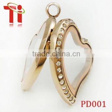 Fashion heart shape crystal rose gold plated stainless steel locket pendant