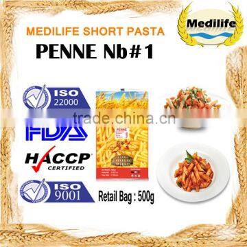 Short Durum Wheat semolina Pasta , Penne Macaroni Nb#1 500g Bag, Short Pasta Penne with Halal Certification.