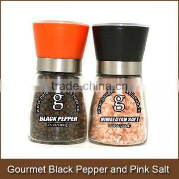 Gourmet Black Peppercorn and Himalayan Pink Salt Gift Set in Adjustable Recyclable Refillable Grinder