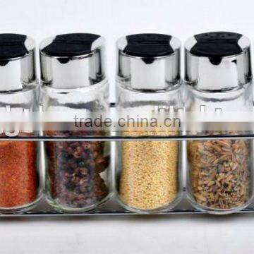 wholesale set of 6pcs glass spice jar bottle set with metal stand and metal lids