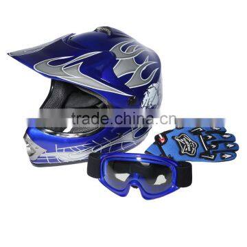 Youth Blue Skull Dirt Bike ATV Motocross Helmet Goggles+Gloves+Interphone S M L