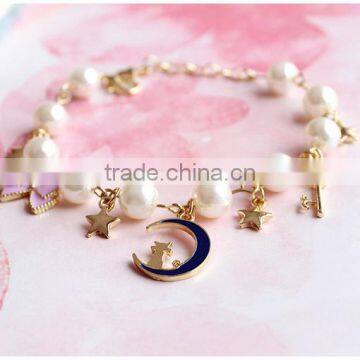 Gold Cat Moon Star Enamel Bowknot Heart Shape Key Charms Bracelet Pearl Bead Linked Bracelet photo-4