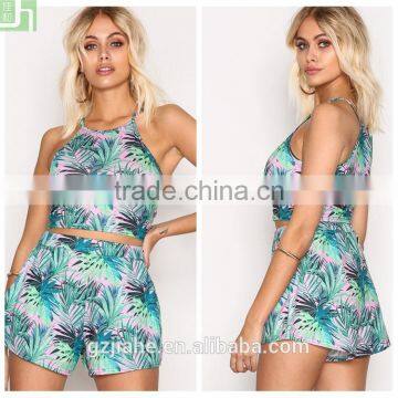 Two piece set elastic at waist floral blouse and shorts set