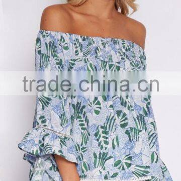 Latest Printing Design Free Feel Woman Summer Tops off Shoulder Long Sleeve Tops With Lace Trim photo-3