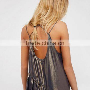 HAODUOYI Fashion Metallic Luster Women Spaghetti Strap Dress Asymmetry Hemline V-neck Backless Ladies Vestidos for Wholesale photo-3
