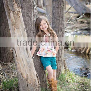 Fashion Design Kids Clothing Girl's Soft Cotton Suits White Printed Shirt, Blue Ruffle Shorts photo-2