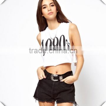 custom made Crop Top with Raw Sleeve and logo Printing,Chinese Clothing Manufacturers Tank Top /Mock Neck Sleeveless Crop Top