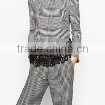 Runwaylover EY2378B Ladies 2017 Fashion Lace Splice Plaid Blouse