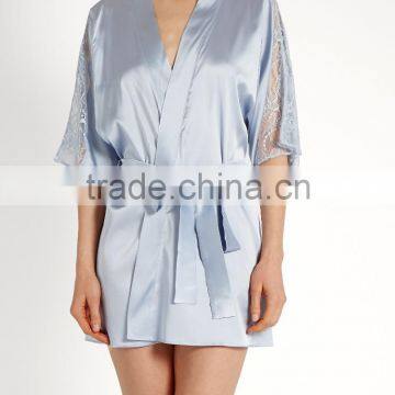 Latest Water Blue Soft Satin Night Robes Womens Half Long Sleeves Wrap Robes photo-2