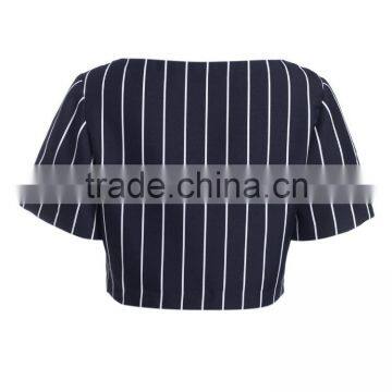 2016 Ladies Cotton/polyester Navy Strip Thick Formal Short Sleeve Shirt/blouse photo-2