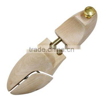 Adjustable type shoe tree in beech wood with double golden color tube and cap