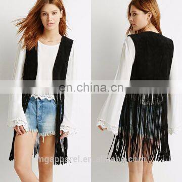 Fashion Fully Lined Black Ladies Suede Leather Vest With Longline Fringe