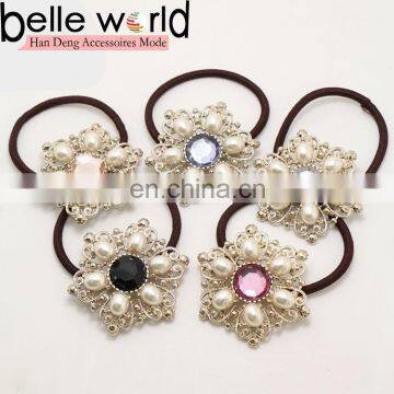 Korean Style Fancy Hair Accessory Alloy Pearl Rhinestone Flower Elastic Hair Band