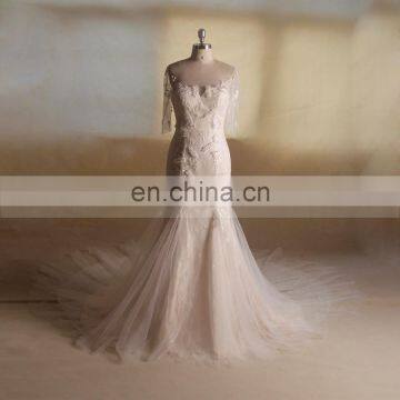 Elegant 3/4 sleeve see through back beautiful sequin flowers mermaid long train wedding gown