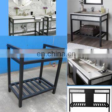 black steel sink console for hotel bathroom with white granite countertop