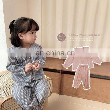 6628/Cute Cherry Embroidery Hot Sell Kids Children Pajamas Sets Long Sleeve Casual Girls Sleepwear