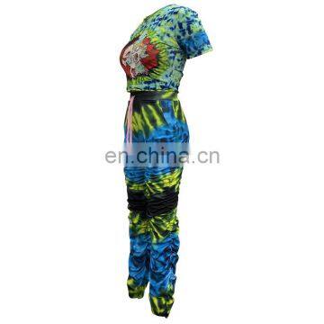 Wholesale Tie Dye With Carton Printing 2 Piece Joggers Crop Top and Stacked Hollow Out Pants Set photo-3