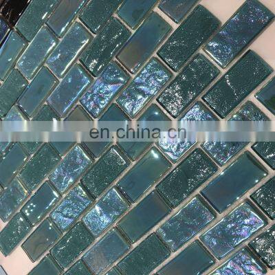 Foshan 4mm blue colored iridescent swimmer swimming pool mosaic picture glass mosaic with wave finish G424001