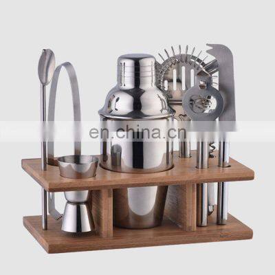 Custom Printed Portable Stainless Steel 2021 Personalized Bamboo Stand Cocktail Shaker Set Kit Bartend