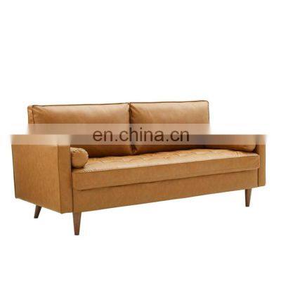 Tan Faux Leather 3-Seater Tuxedo Sofa With Square Arms