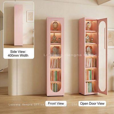 Pink Metal Bookcase for Feminine Boutique Hotel Room, Blush Pink Steel Frame, Fluted Glass Door, 4 Adjustable Shelves