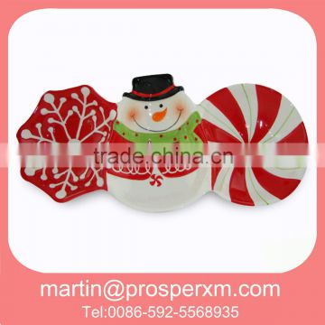 Christmas ceramic 3 section plate snowman design