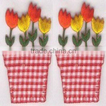 Tulip Gingham Flower Pot Embroidery Applique Patch
