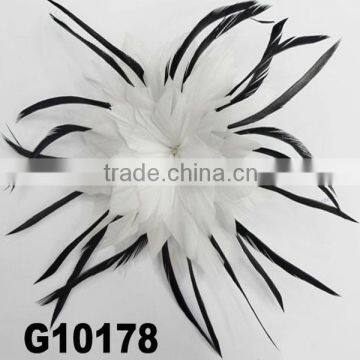 fancy black white feather flower hair clip