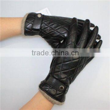 Women Genuine Lambskin Winter Warm Black Soft Leather Gloves with Belt