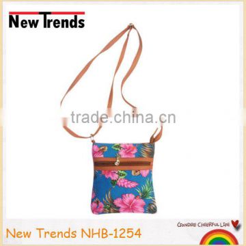 Fashion young lady tropical floral print canvas and PU shoulder bag