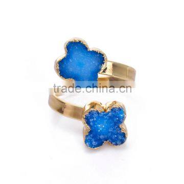 50pcs New arrival Blue Raw Stone Rings fashion four leaf clover ring Adjustable Rings 19*12mm