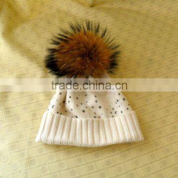 High Quality Knitted Hat with Raccoon Fur Pom poms and Light Diamond for Cute Girls