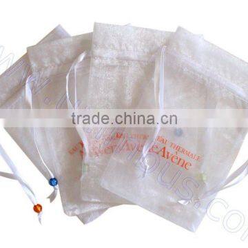 pearl white organza bag with white satin ribbon close