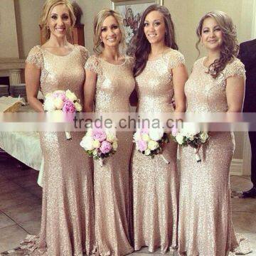 long sequin lace bridesmaid dress with lace cap sleeve KE5250