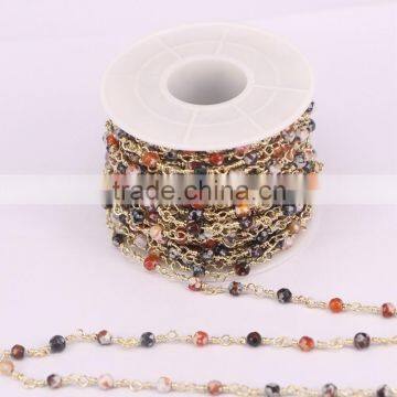 Multi Color Round Stone Wire Wrapped Beaded Rosary Chain Agate Stone Jewelry Chain for Handmade DIY Making