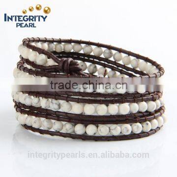 4mm natural white turquoise stone women multi wraps handmade braided leather bracelet