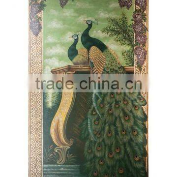 Hand Painted Peacock Pattern Wall Painting, Floral Art Painting Hanging Wall Picture, Solid Wood Carved Wall Art