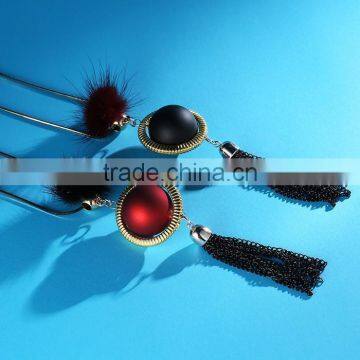 Red Bead Gold Hoop Pendant Long Chain Necklace Black Chain Tassel Necklace Pompon Necklace