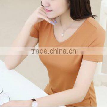 2016 Latest Summer Women Solid Color Heart-shaped Collar Modal Slim Base Short Sleeve T-shirt photo-5