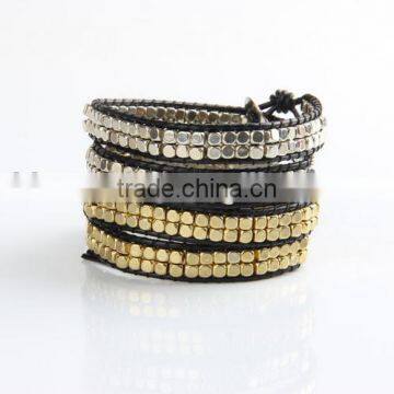 Handmade Small Cooper Beads Wraps Leather Bracelets Mens Halloween Metal Beads Leather Braid Bracelets for 2016 Promotional Gift photo-4