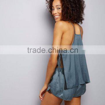 New Arrival Straps Nightwear Pink Sateen Eyelash Lace Pyjamas Set Vest and Shorts Casual Fit Sleepwear For Women photo-5