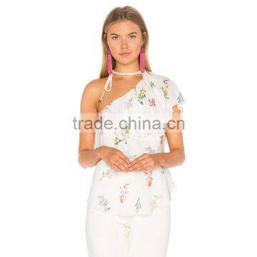 Choker Design Chiffon Top Floral One Shoulder Lady Blouse photo-4