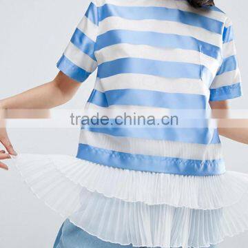 Pleated Hem Short Sleeve Blue and White Designer Satin t Shirt photo-3