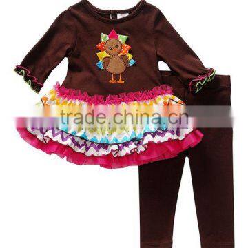 thanksgiving day turkey embroidery lace ruffle wholesale kids Boutique clothes