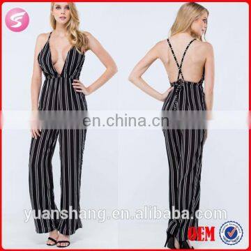 2015 Stripe Down Plunging Summer Women Jumpsuit