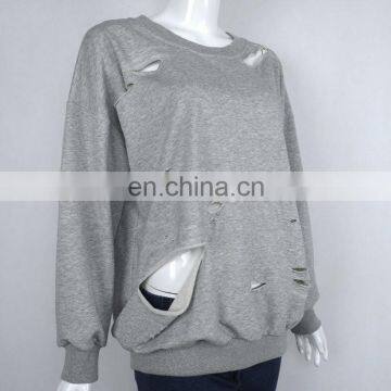 Ladies Sweatshirts Hole Cut Out Distressed Batwing Sleeve Sweater Sweatshirt photo-3