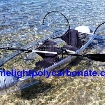 Clear polycarbonate kayak with outrigger balance system, transparent kayak, clear kayak, transparent canoe, clear canoe