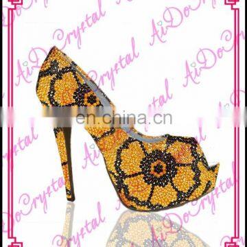 Aidocrystal handmade shining yellow with black flower pattern high heel shoes for ladies evening party peep toe