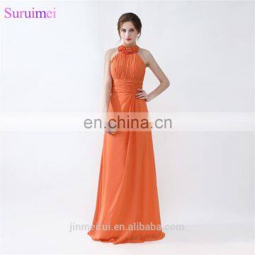 Orange Bridesmaid Dresses Floor Length Pleated Peach Color Chiffon On Sale Halter Bridesmaid Dresses